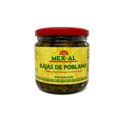 RAJAS DE POBLANO Poblano Chili in Streifen 400g Glas